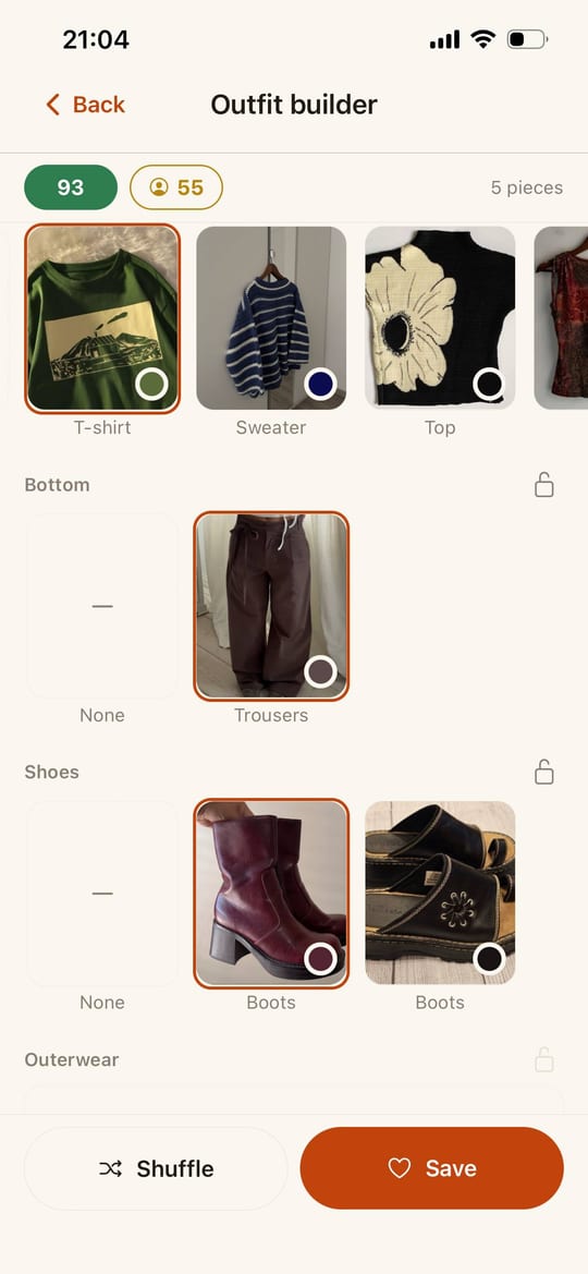 Ecru’s outfit builder: a score of 93, “5 pieces”, and a row of candidate items for each slot — top, bottom, shoes — with the chosen one outlined, and “Shuffle” and “Save” at the bottom.