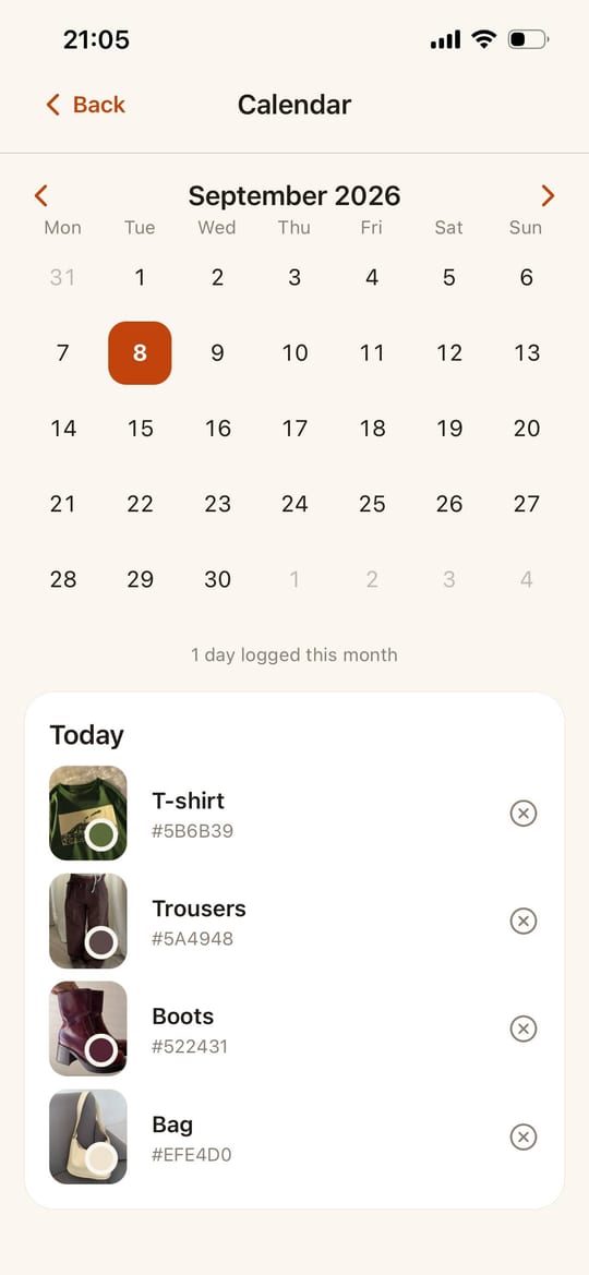 Ecru's calendar: September 2026 with the 8th highlighted, a line reading “1 day logged this month”, and that day's pieces listed underneath — a T-shirt, trousers, boots and a bag, each with its colour code.