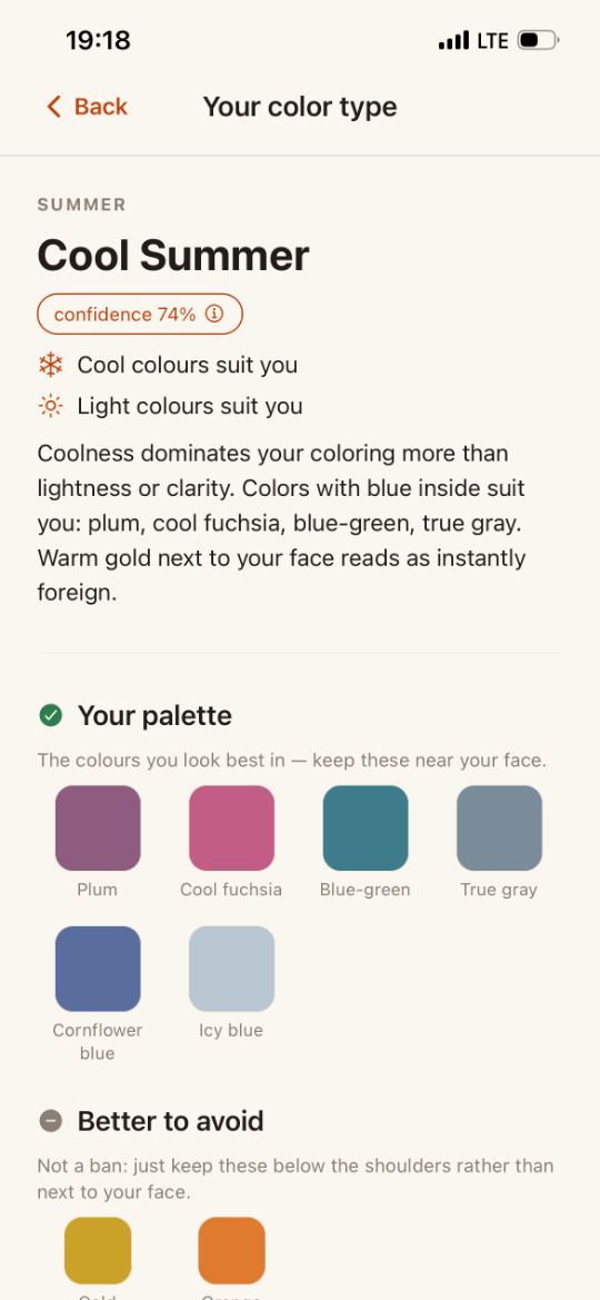 Ecru’s colour type result: “Cool Summer” at 74% confidence, two lines — cool colours suit you, light colours suit you — a palette of six colours from plum to icy blue, and two to keep away from your face: gold and orange.